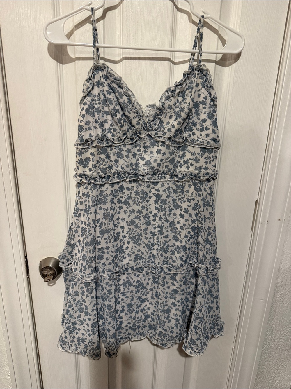 B. Smart White and Blue Floral Mini Dress